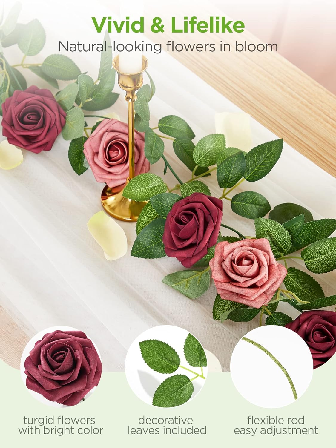 InnoGear Artificial Flowers, 50 Pcs Dark Red Foam Fake Roses Bulk with Stems for Mother's Gift Decoration Celebration DIY Wedding Bouquets Centerpieces Bridal Shower Party Christmas Tree