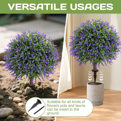 Artificial Red Eucalyptus Topiary Ball Tree 24" with Ground Spike, Set of 2 Artificial Boxwood Bushes for Faux Shrubs, Fake Evergreen Faux Plant for Indoor Outdoor Garden -UV Resistant–Fade-Proof
