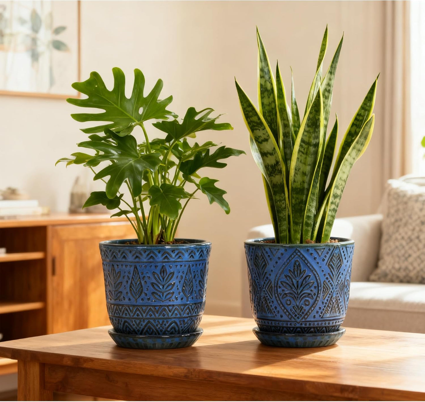 Gepege 6 Inch Beaded Ceramic Planter Set of 2 with Drainage Hole and Saucer for Plants, Indoor-Outdoor Large Round Succulent Orchid Flower Pot (Smoked Gray, Inner-pots not Larger Than 5 Inch)