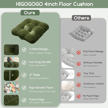 HIGOGOGO 6" Extra Thick Floor Pillow Cushion for Adults, Meditation Cushion Pillow, Large Square Floor Sitting, Tufted Corduroy Cover, for Tatami Living Room or Yoga, 22x22 Inch, 2Pack, Dark Grey