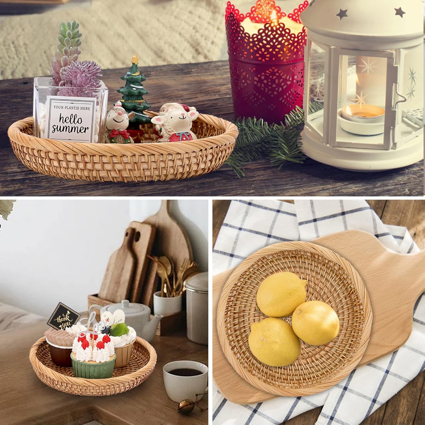 Hipiwe Small Key Basket Bowl for Entryway 7.6" Round Woven Wicker Basket Fruit Serving Tray Woven Basket Wall Decor Rattan Organizer Basket for Keys, Wallet,Whitewash