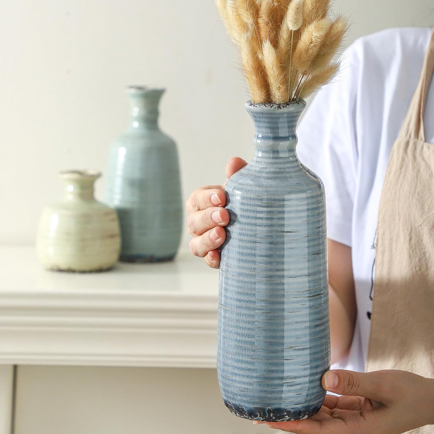Ceramic Vase Set of 3 | Neutral Vase Home Decor with Handle | Pottery Modern Farmhouse Vases Pampas Grass Flower Vases for Home Decor Table Living Room Centerpieces Mantel Decor - Multicolor