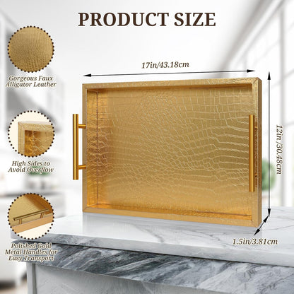 SXNOWS 17"x12" Cream Faux Leather Serving Tray with Gold Handles, Rectangle Decorative Tray for Ottoman, Coffee Table, Kitchen, Bar, Gift for Home Decor
