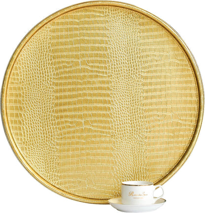 HofferRuffer Round Serving Tray 20'', Elegant Faux Leather Circle Ottoman Table Tray, Serve Tea Coffee Breakfast in Bedroom Living Room Kitchen (Brown)