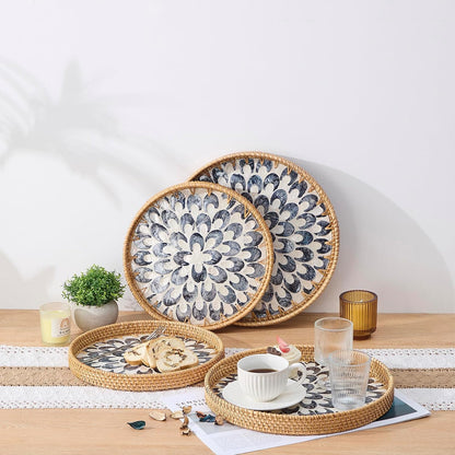 Round Rattan Tray with Mother of Pearl Inlay, Rattan Serving Tray with Wooden Base, Decorative Wicker Basket for Table Decor, Storage and Display of Coffee Bread Food Fruit (Leaf)