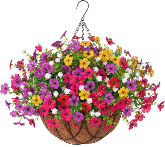 Artificial Silk Flowers Hanging Basket for Outdoor Indoor, Daisy with Eucalyptus Leaves Arrangement for Garden Yard Spring Summer Decor, Faux Green Plant in Metal Coconut Lining Pot(Red Purple)