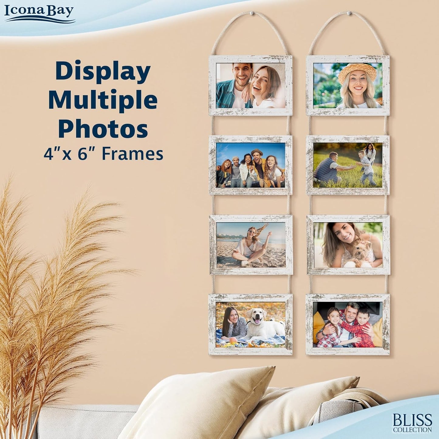 Icona Bay - 4x6 Wall Hanging Picture Frames Collage with 8 Openings - Distressed White, 2 Pack - Casual Style Engineered Wood Frames - Wall Mount Only - Bliss Collection