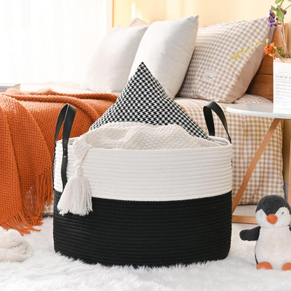 KAKAMAY Large Blanket Basket (20"x13"),Woven Baskets for storage Baby Laundry Hamper, Cotton Rope Blanket Basket for Living Room, Laundry, Nursery, Pillows, Baby Toy chest (White/Brown)