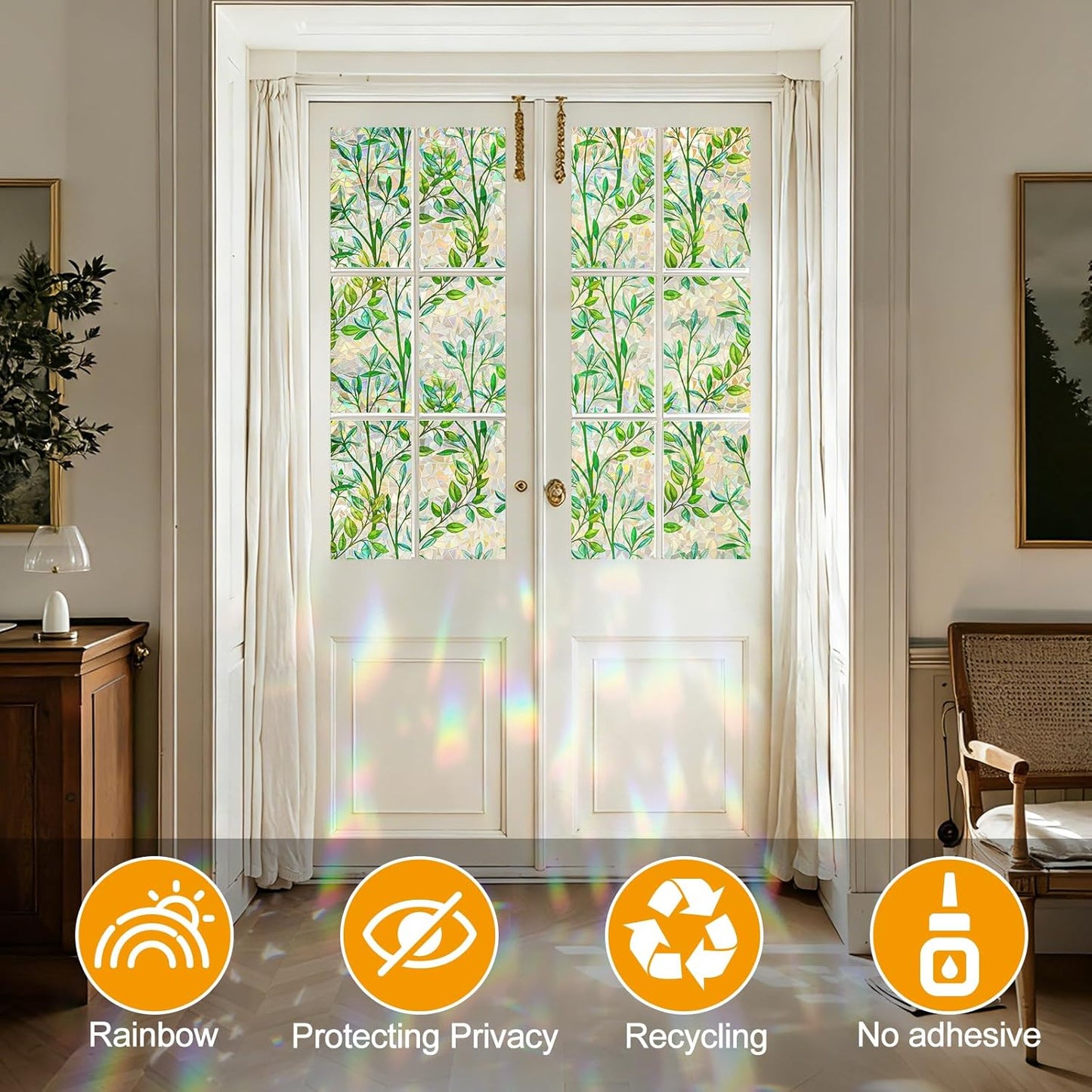 Countewol Window Privacy Film Stain Glass Window Film Rainbow Window Film Window clings Non-Adhesive Reusable Decorative for Room (Leaf Rainbow, 17.5 x 78.7 in)