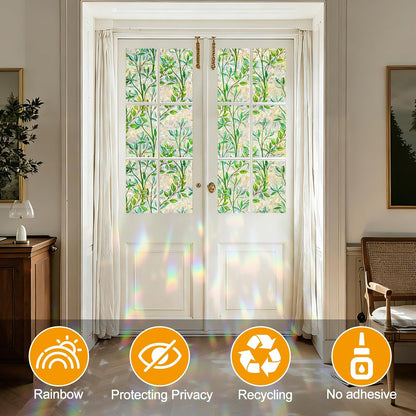 Countewol Window Privacy Film Stain Glass Window Film Rainbow Window Film Window clings Non-Adhesive Reusable Decorative for Room (Leaf Rainbow, 17.5 x 78.7 in)