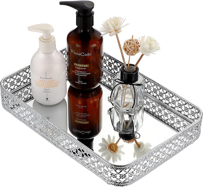 ELLDOO Perfume & Makeup Vanity Tray - Hollow-Carved Jewelry Storage, Glass & Metal Trinket Organizer for Dresser & Bathroom Countertop, Gold, Medium Size