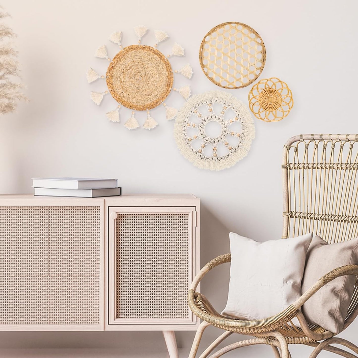Boho Wall Basket Decor Set of 8 - Flat Woven Basket Wall Hanging Decor,Round Tassels White Macrame Tapestry Wall Decor Art,Handmade Rattan Wicker Seagrass Home Wall Baskets Decor（Boho Classic)