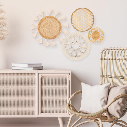 Boho Wall Basket Decor Set of 8 - Flat Woven Basket Wall Hanging Decor,Round Tassels White Macrame Tapestry Wall Decor Art,Handmade Rattan Wicker Seagrass Home Wall Baskets Decor（Boho Classic)