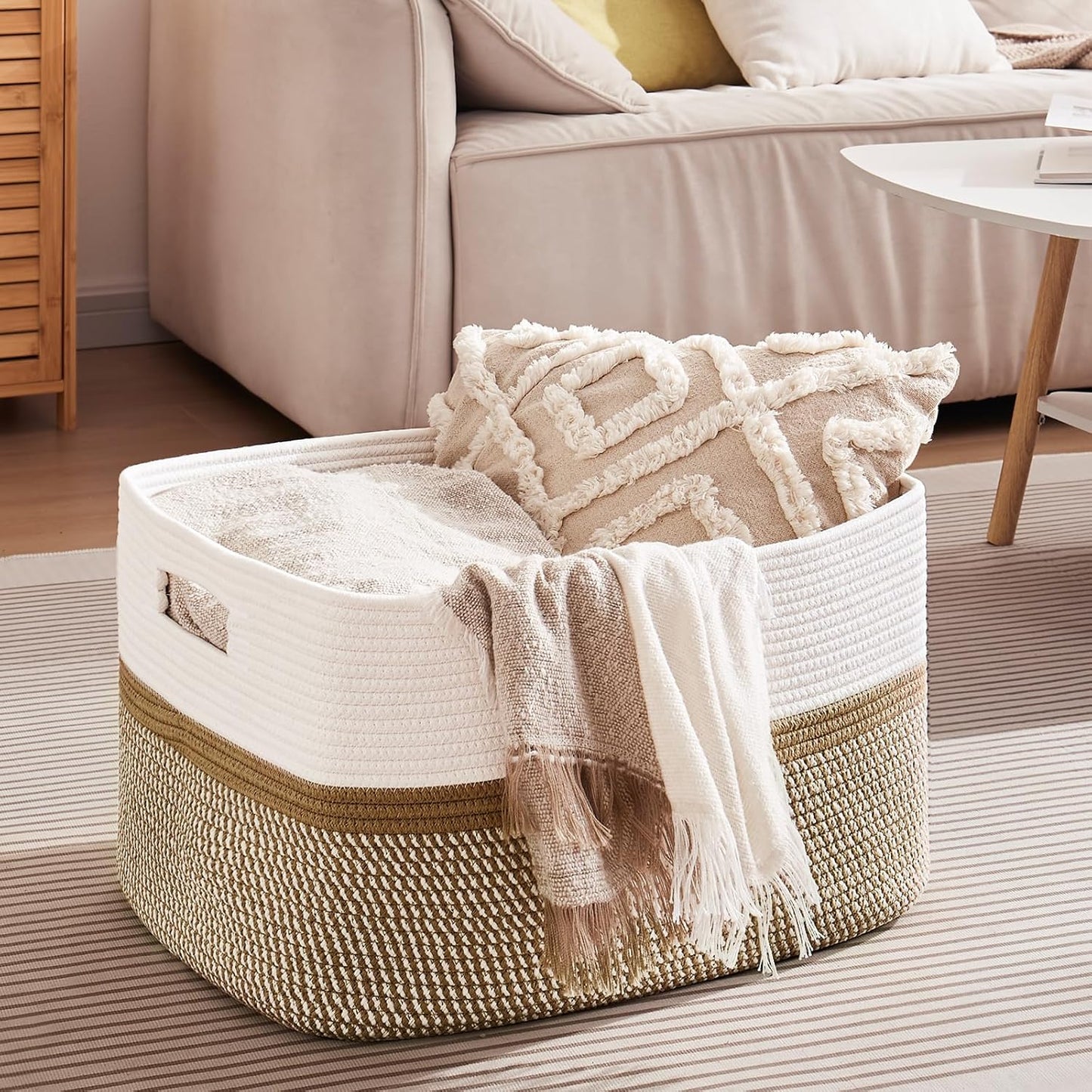 OIAHOMY Large Blanket Basket, 22”x17”x12” Rectangle Woven Baskets, Nursery Blanket Storage Living Room, Toy Storage With Handle, Large Baskets for Organizing-Gradient Yellow