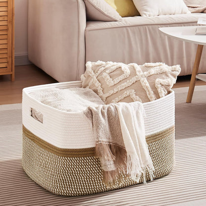 OIAHOMY Large Blanket Basket, 22”x17”x12” Rectangle Woven Baskets, Nursery Blanket Storage Living Room, Toy Storage With Handle, Large Baskets for Organizing-Gradient Yellow