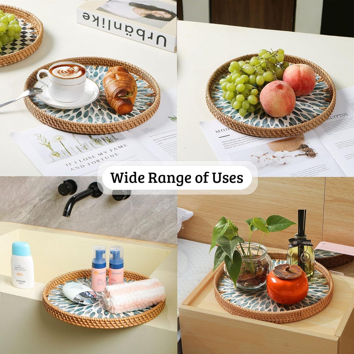 Round Rattan Tray with Mother of Pearl Inlay, Decorative Wicker Serving Tray with Wooden Base, Woven Basket Trays for Bread Fruits Coffee, Leaf