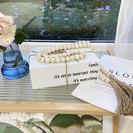 Decorative Books for Home Decor, White Faux Books for Decoration, Rustic Farmhouse Stacked Display Books with 52in Wood Bead Garland for Coffee Tables Living Room (TAKE TIME to DO)