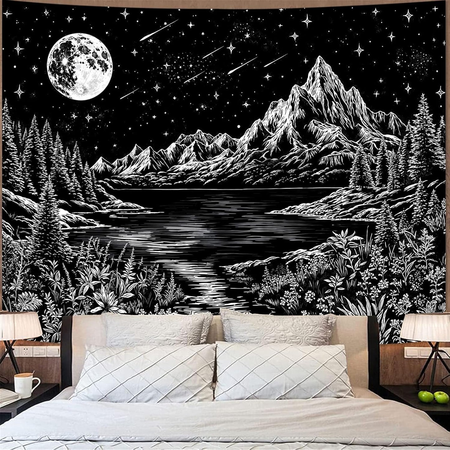 Zussun Black and White Tapestry Starry Night Mountain Tapestries for Bedroom Aesthetic Moon and Stars Tapastry's Wall Hanging Dark Nature Forest Wall Tapestry for Living Room Dorm (48'' × 36'')