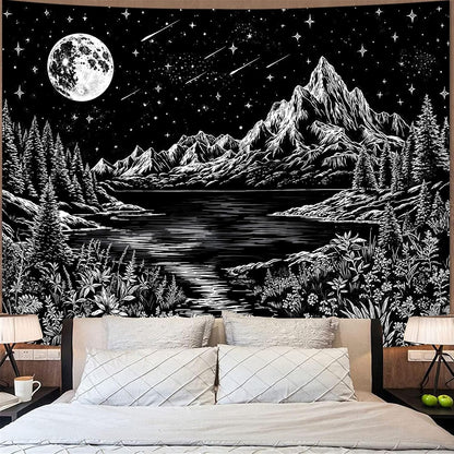 Zussun Black and White Tapestry Starry Night Mountain Tapestries for Bedroom Aesthetic Moon and Stars Tapastry's Wall Hanging Dark Nature Forest Wall Tapestry for Living Room Dorm (48'' × 36'')