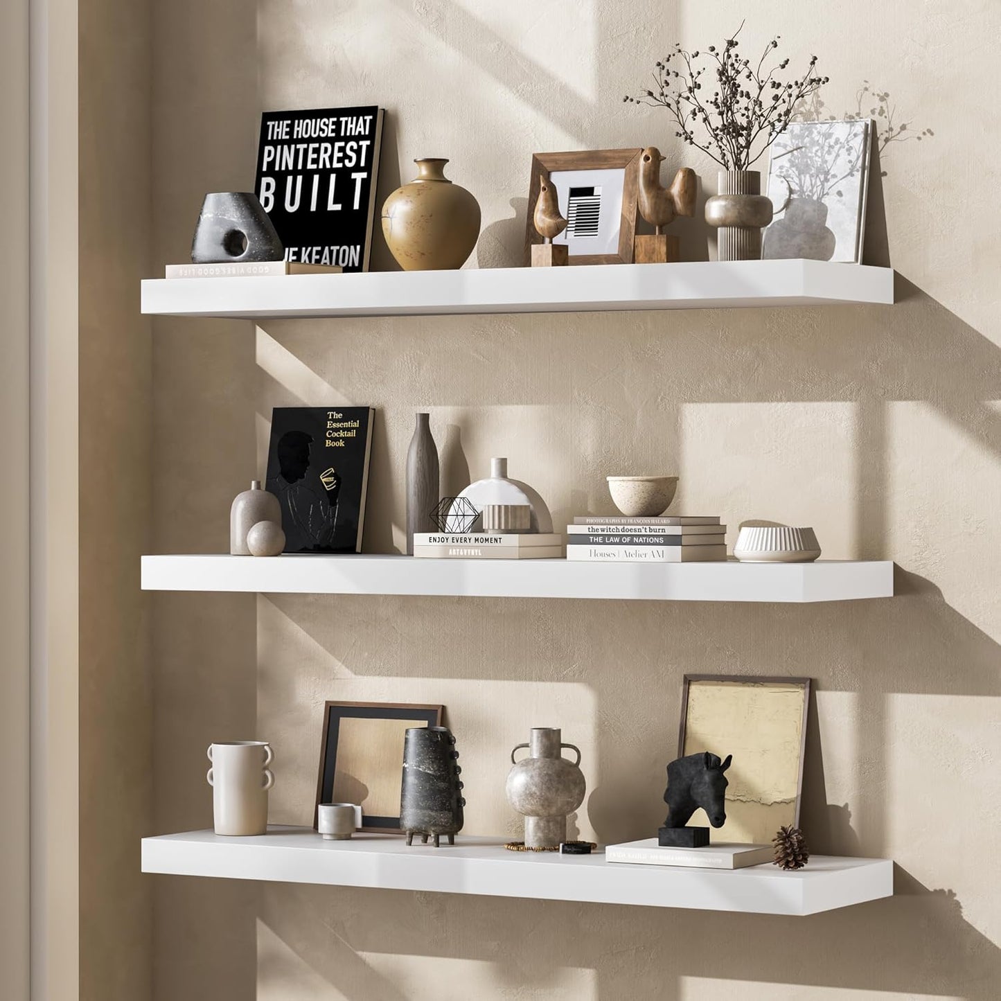 Floating Shelves 36 Inches Long - 8 Inch Deep Rustic Premium Solid Pine Wood for Storage - Farmhouse Wall Mounted for Living Room - Heavy-Duty Metal Bracket - 36" W x 8" D - Set of 2 - White Color