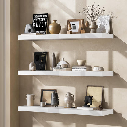 Floating Shelves 36 Inches Long - 8 Inch Deep Rustic Premium Solid Pine Wood for Storage - Farmhouse Wall Mounted for Living Room - Heavy-Duty Metal Bracket - 36" W x 8" D - Set of 2 - White Color