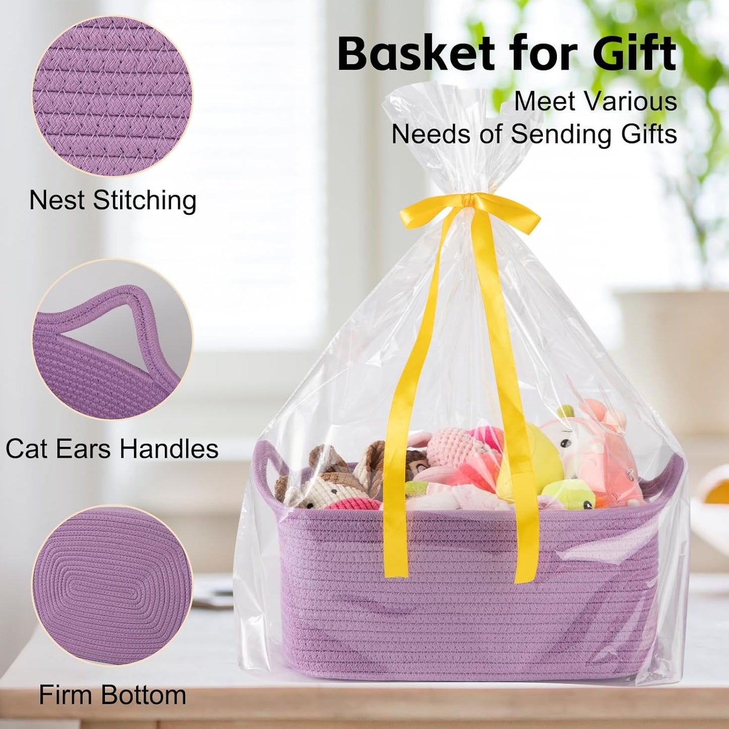 OIAHOMY Woven Basket, Gift Basket Empty with Gift Bags and Ribbons, Rope Baskets for Baby Showers, Storage Baskets with Handles for Nursery, Pet Toy Organizer - White
