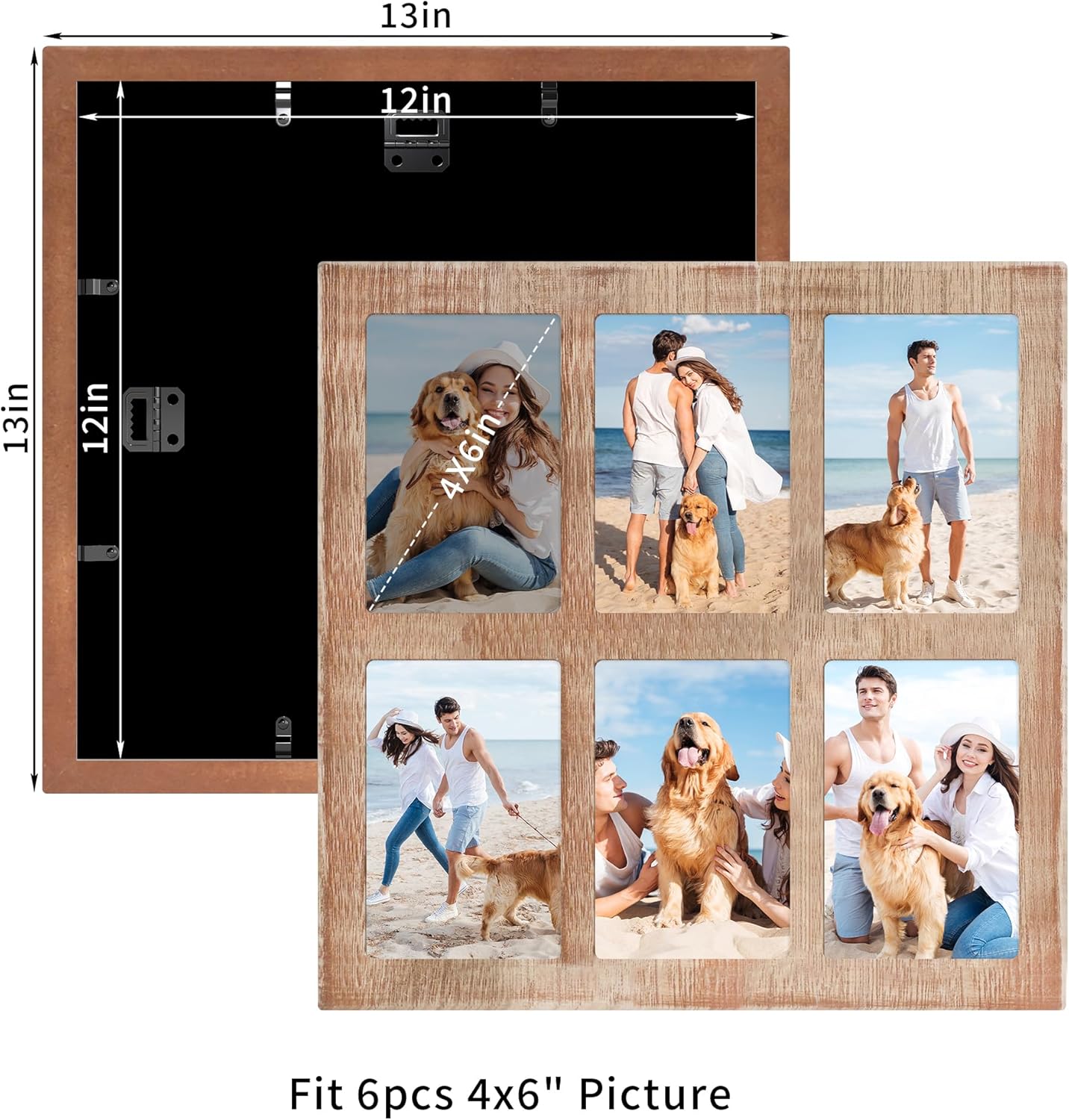 YESKAY 4x6 Picture Frame Collage for Wall Decor, Multiple Photo Collage Frames with Tempered Glass, 7-Opening for 4 x 6 Picture Frames, Rustic Brown, 1 Pack