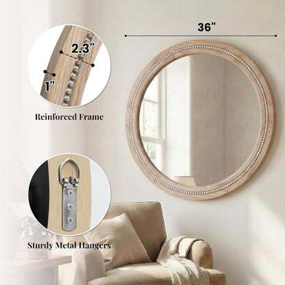 30" Round Solid Wood Mirror for Bathroom Vanity, Handcrafted Beaded Circle Wall Mirror - Natural Boho Farmhouse Decor for Entryway & Bedroom