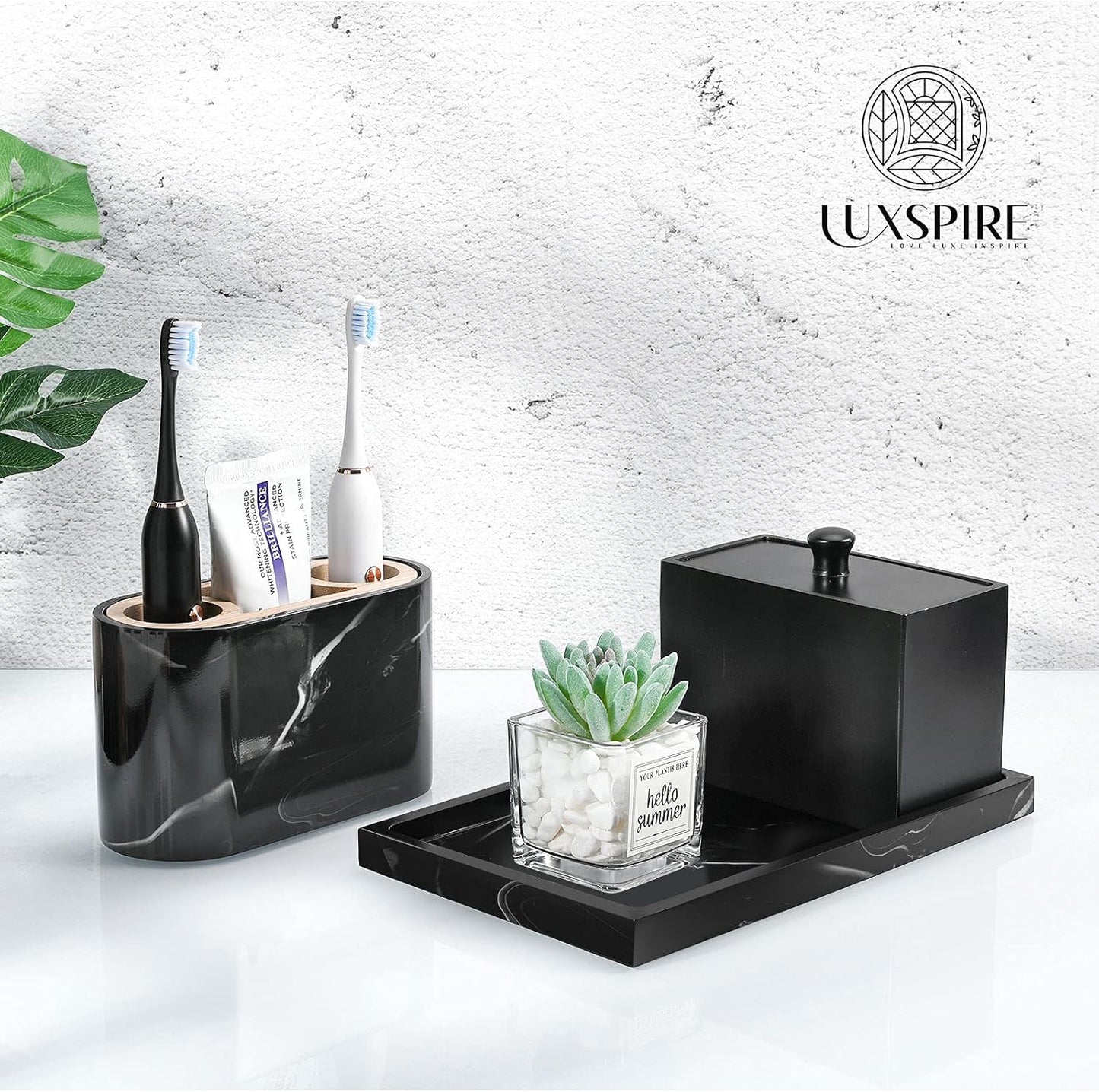 Luxspire Bathroom Vanity Tray, 8 x 4 inch Resin Kitchen Sink Tray for Soap Dispenser Bathroom Countertop Organizer Plate Holder for Perfume Soap Towel Bathroom Accessories, Mini, White Marble