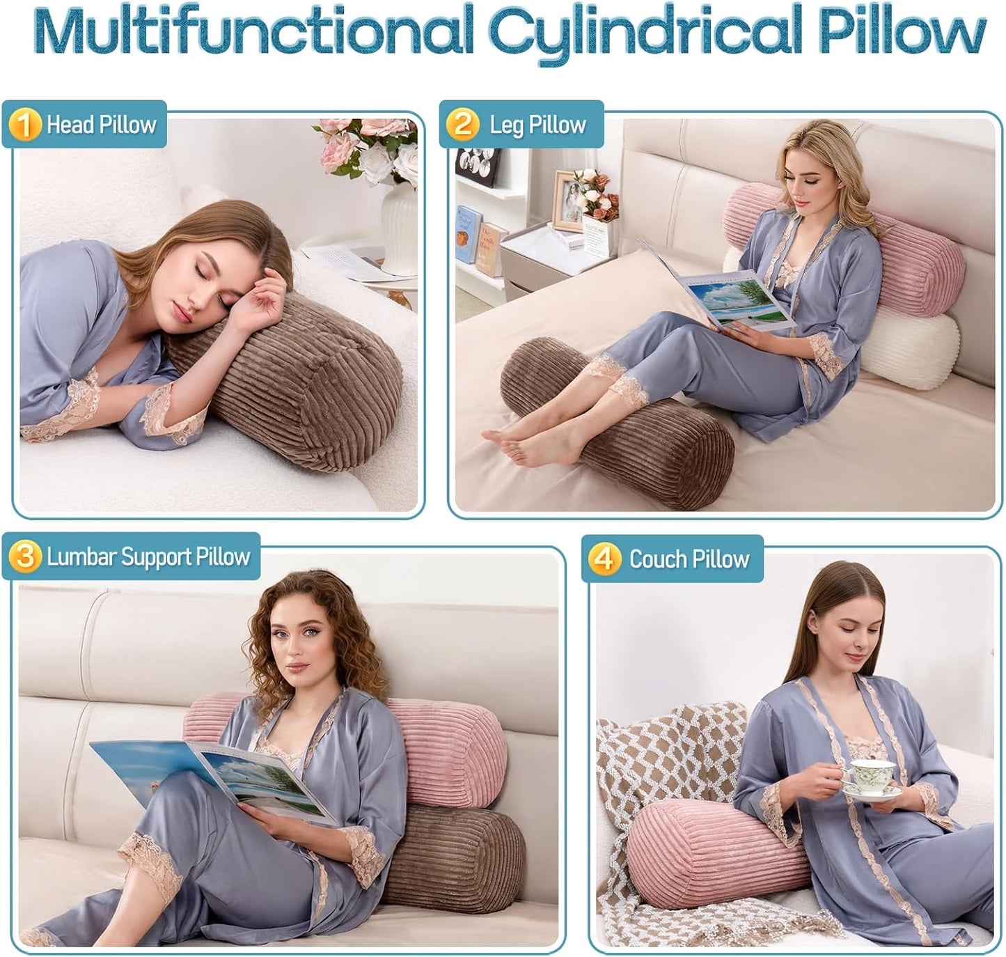 1 MIDDLE ONE Body Pillow, Memory Foam Body Pillows for Adults Sleeping, Decorative Bolster Pillow for Bed & Couch, Long Cylinder Tube Round Pillow, 24x7.87 Inches, Set of 2 (Light Grey)