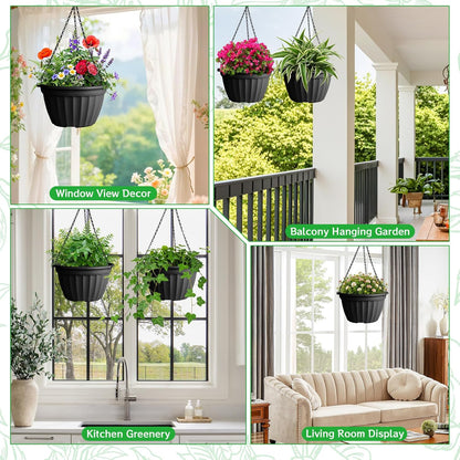 FGstyle Hanging Planters 10 Inch, 4 Pcs Self Watering Pots for Indoor Plants,Plastic Hanging Basket with Soil Elevator and 20" Chain for Home Garden Porch Balcony Patio Decor(Black)