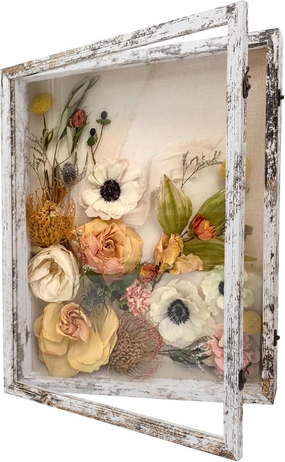 GraduationMall 13x16 Wood Shadow Box Frame Glass Door Display Case with Linen Back and 6 Stick Pins,1.5 inches Interior Depth,Ideal for Memorabilia Pictures Flowers Medals Tickets Rustic White