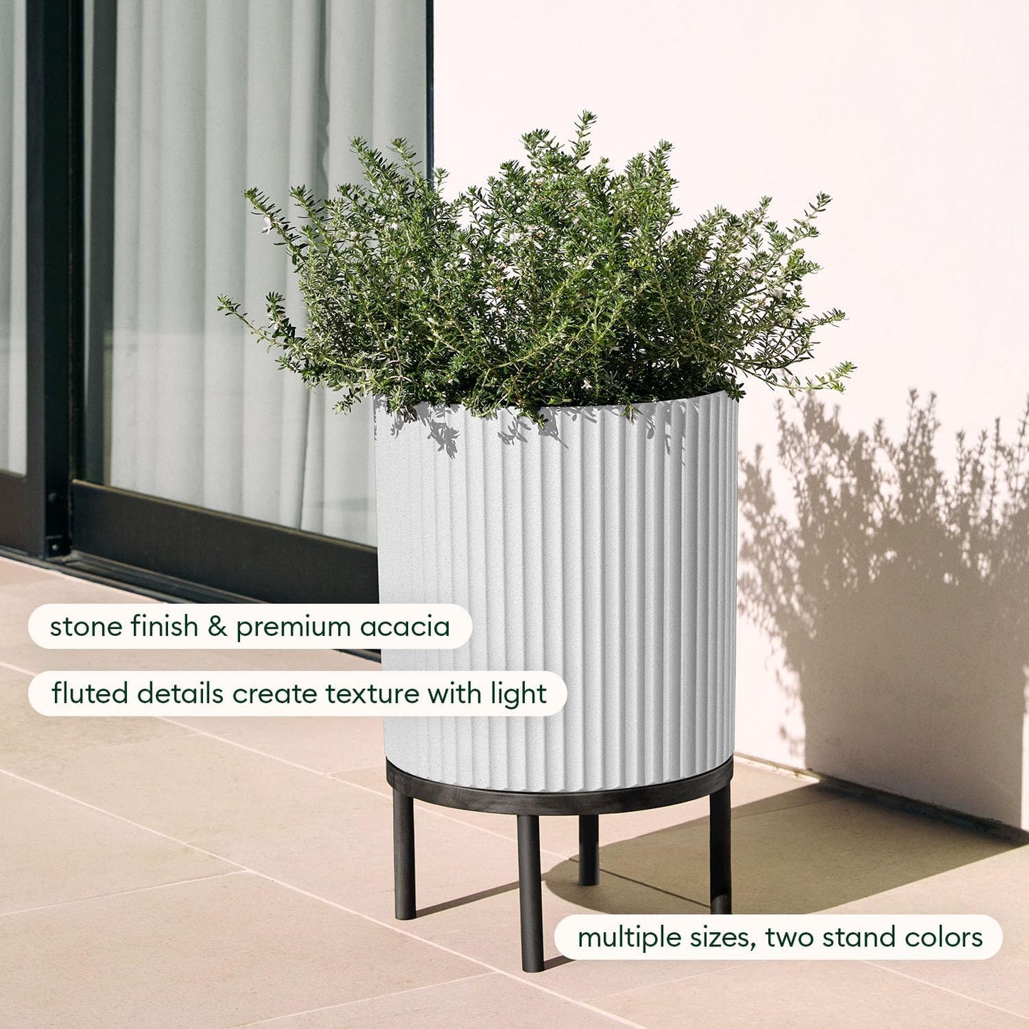 Veradek Demi Series Round Planter w/ Stand for Porch/Patio | Durable Plastic-Concrete & Wooden Stand | Modern Décor for Tall Plants, Flowers