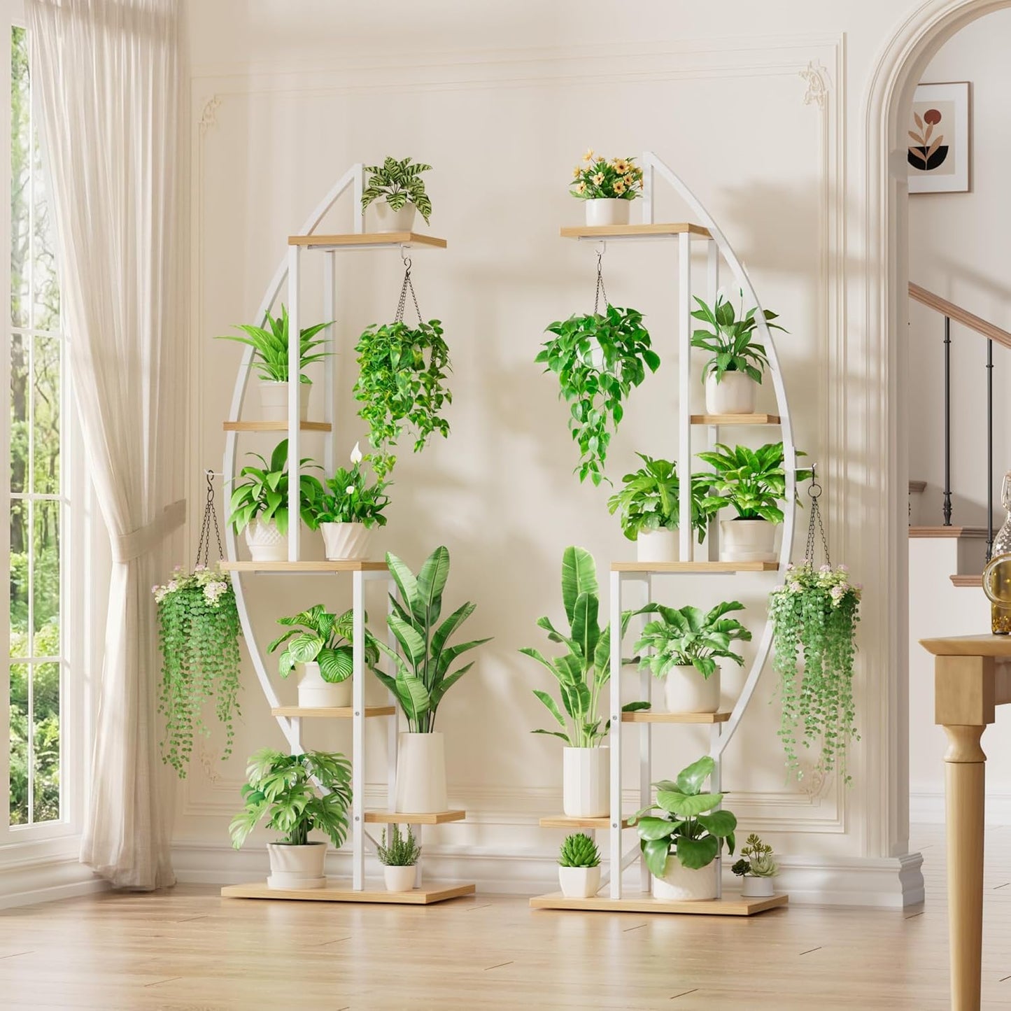 BACEKOLL Plant Stand Indoor with Grow Lights, 6 Tiered Tall Plant Shelf, 63" Metal Plant Stand for Indoor Plants Multiple, Half-Moon Plant Rack Display Shelf, 2 Pcs Plant Holder for Living Room, Patio
