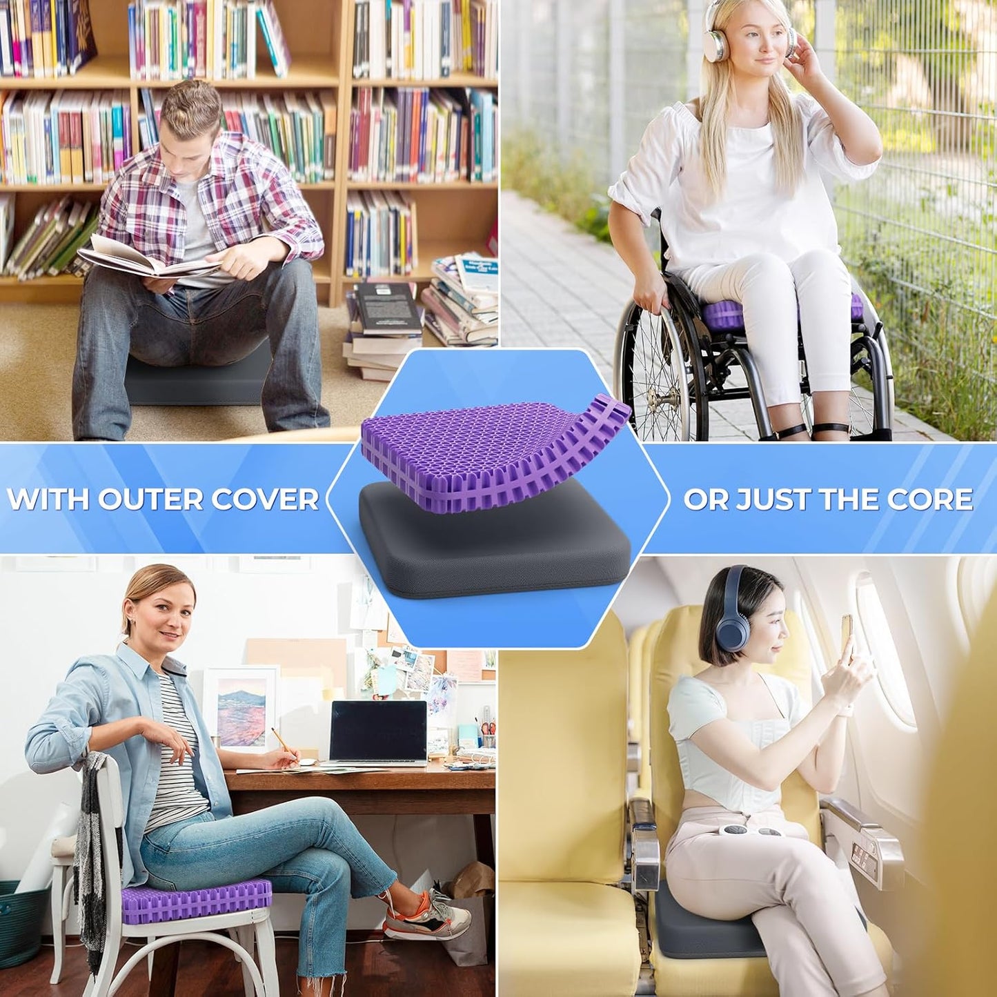 TushGuard Gel Seat Cushion for Long Sitting, Enlarged & Thickened Patent Design, Breathable Cooling for Office Chair, Soft Car Seat Cushion for Wheelchair (Standard, Black)