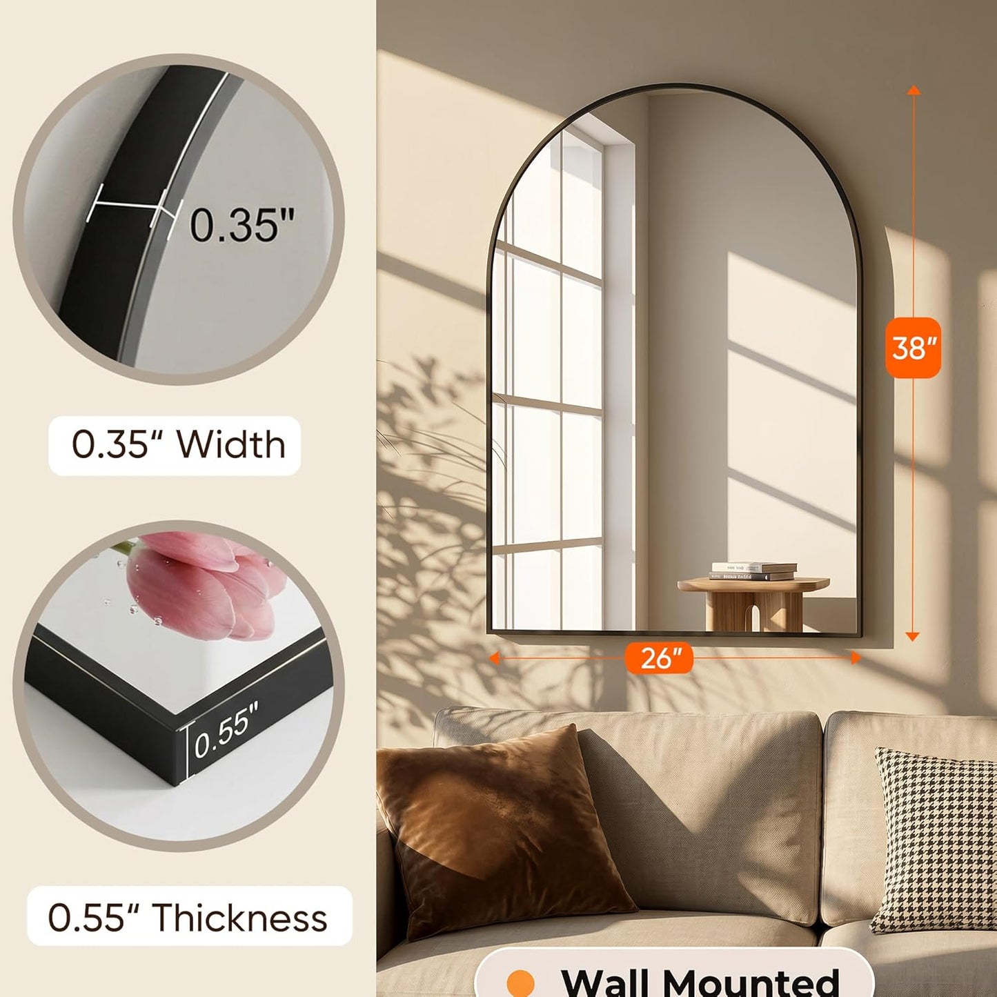 Antok Arched Bathroom Mirror, 20"x30" Wall Mounted Mirror, Vanity Mirrors for Over Sink, Aluminum Alloy Frame Bathroom Mirrors Living Room, Bedroom and Entryway, Black