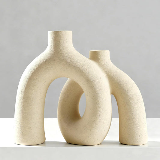 Hug Donut Decorative Vase Set - Modern Nordic Boho Style Vases Home Decor, Matte Ceramic Decorations for Living Room Shelf, Bookshelf Mantle Entryway Table or Console Décor (Cream White)
