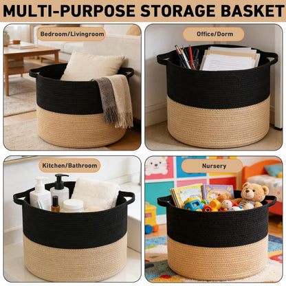 Large Woven Blanket Basket,65L Cotton Rope Laundry Basket Hamper with Handles, Decorative Nursery Basket Storage Bin for Toys, Clothes Organizer, Living Room, Bedroom, Bathroom, White & Brown