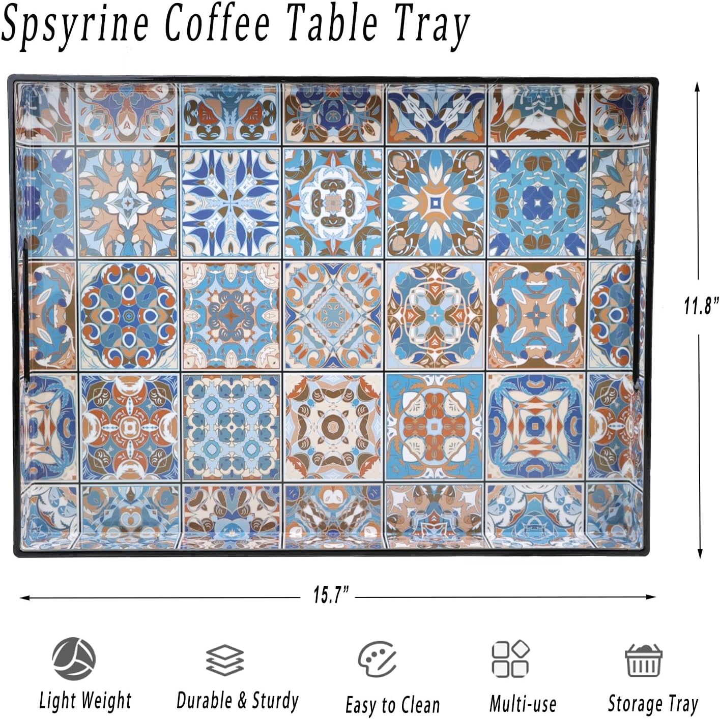 Spsyrine Serving Tray with Handles, Plastic Decorative Tray for Coffee Table, Living Room, Home Decor, Dianthus
