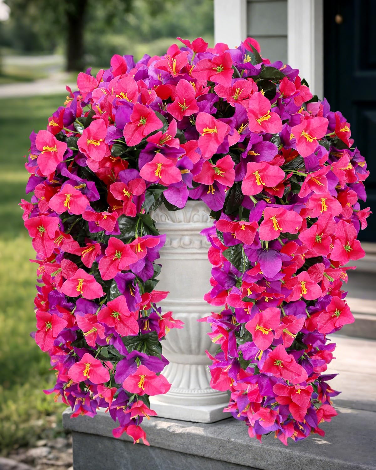 Artificial Flowers for Outdoors – 2 Bundles of UV-Resistant Artificial Bougainvillea, Realistic Silk Flowers for Front Porch, Patio, Garden, Window Boxes & Hanging Baskets (Hot Pink, 2)