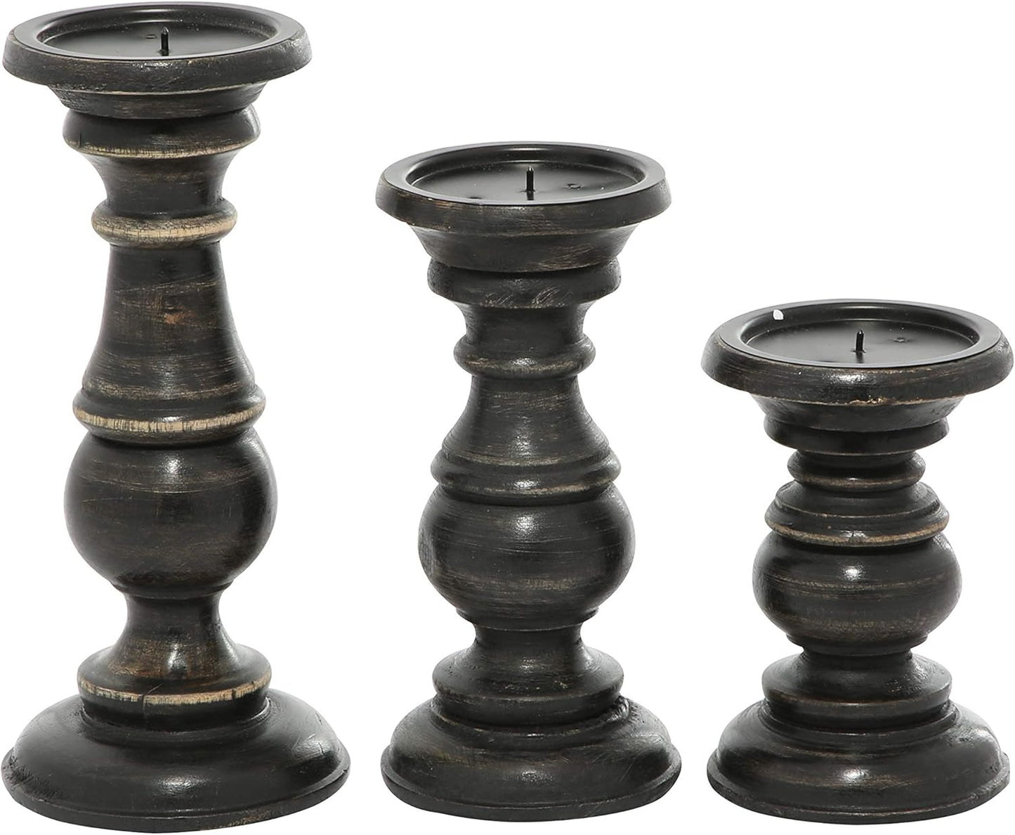 Deco 79 Mango Wood Decorative Candle Holder Distressed Turned Pillar Candle Stand, Set of 3 Candlestick Holder 6", 8", 10"H, Light Blue