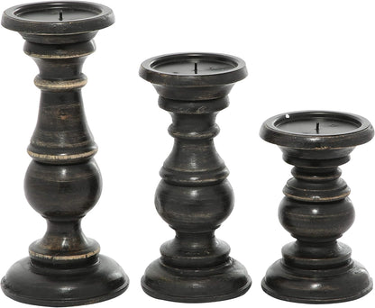 Deco 79 Mango Wood Decorative Candle Holder Distressed Turned Pillar Candle Stand, Set of 3 Candlestick Holder 6", 8", 10"H, Light Blue