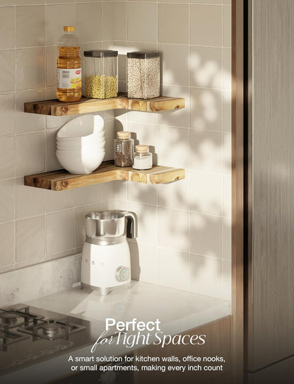 BATODA Acacia Wood Corner Floating Shelves 17" x 12"– Corner Shelf Wall Mounted - Floating Book Shelves for Wall - Brackets and Shelving Hardware Included for Kitchen, Living Room, Bathroom (Set 2)