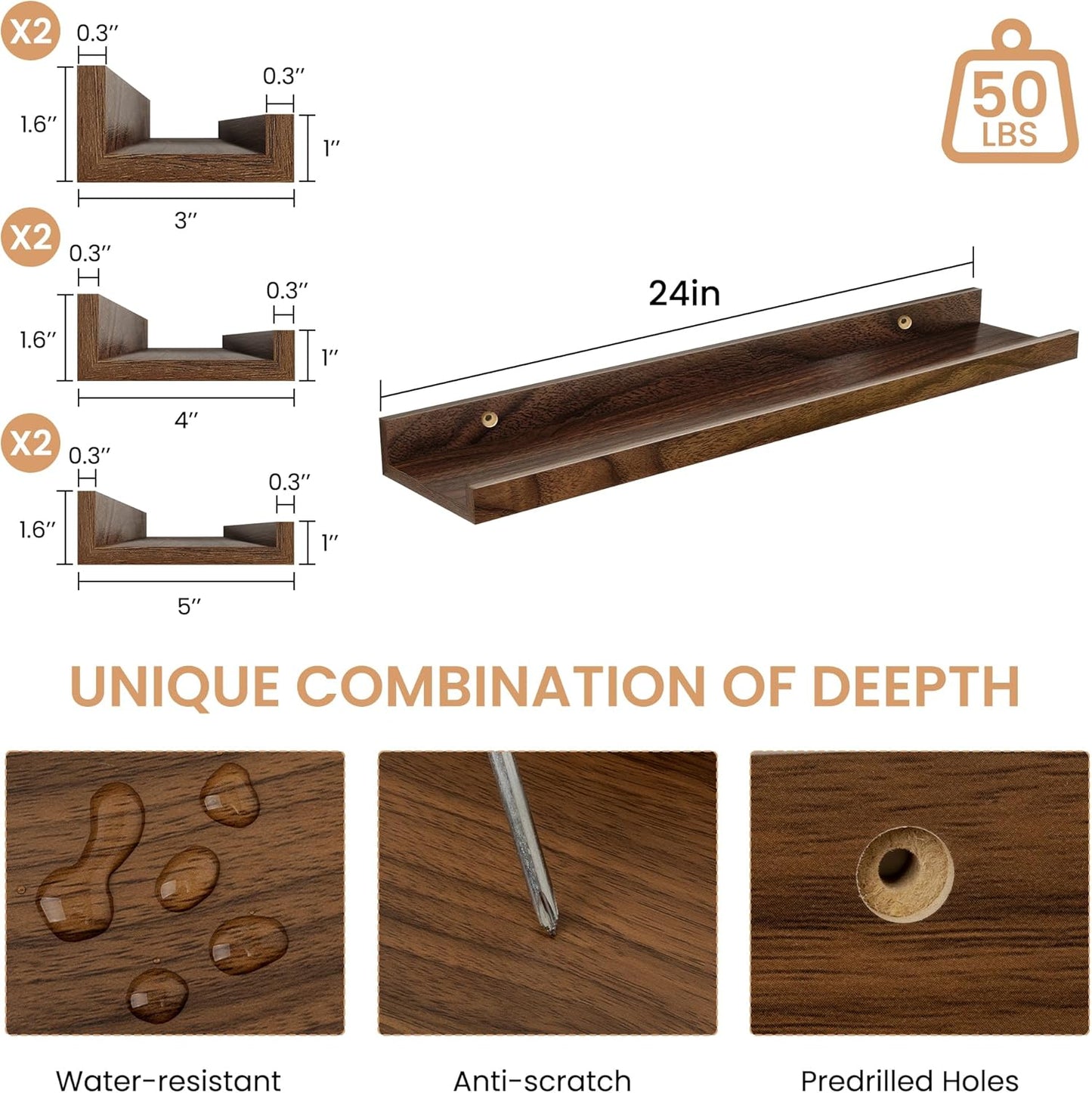 Acovy Picture Ledge Shelf Set of 6, 48 inch Long Large Floating Shelves for Wall with Lip, Wall Mounted Shelves for Living Room, Bedroom, Bathroom, Kitchen, Nursery,Oak