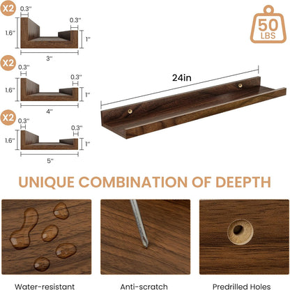 Acovy Picture Ledge Shelf Set of 6, 48 inch Long Large Floating Shelves for Wall with Lip, Wall Mounted Shelves for Living Room, Bedroom, Bathroom, Kitchen, Nursery,Oak