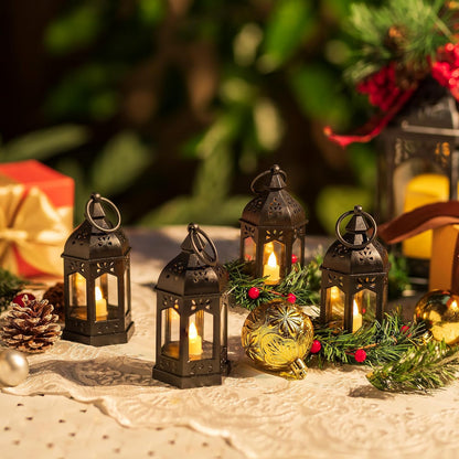 Mini Lanterns Decorative Indoor: 6 Pcs Black Small Hanging LED Lanterns for Centerpieces Wedding Table Decor Ramadan Enchanted Forest Decorations