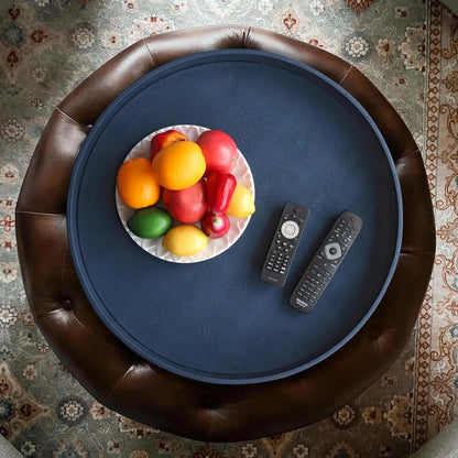 HofferRuffer Round Serving Tray 20'', Elegant Faux Leather Circle Ottoman Table Tray, Serve Tea Coffee Breakfast in Bedroom Living Room Kitchen (Brown)