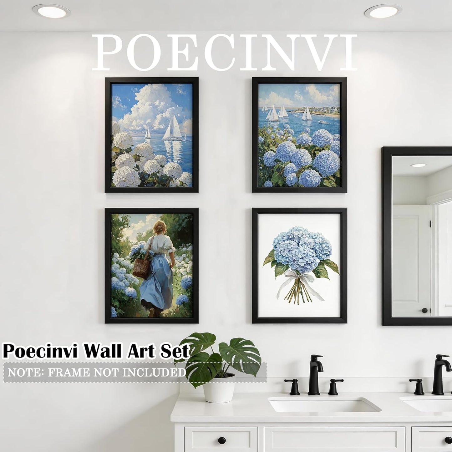 Poecinvi Blue and White Hydrangea Nautical Canvas Wall Art Prints Set of 4, Rustic French Country Hydrangea Flower Coastal Beach Posters Pictures Wall Decor for Home Living Room, 8x10 Unframed