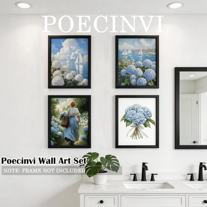 Poecinvi Blue and White Hydrangea Nautical Canvas Wall Art Prints Set of 4, Rustic French Country Hydrangea Flower Coastal Beach Posters Pictures Wall Decor for Home Living Room, 8x10 Unframed