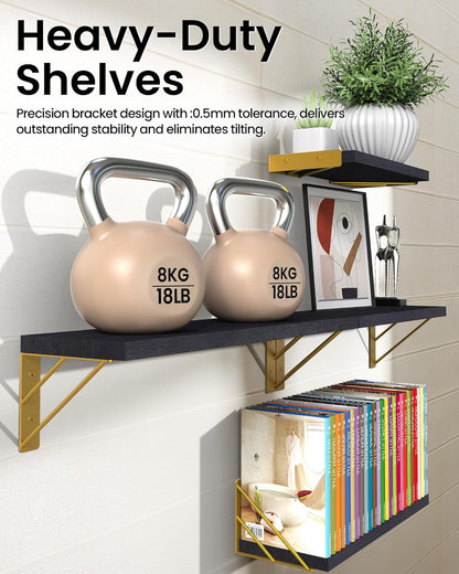 BAYKA Wall Mounted Floating Bathroom Shelves, Wood Wall Shelf for Bathroom Essentials & Decor, Space-Saving Display & Organizer (Black, Set of 4)